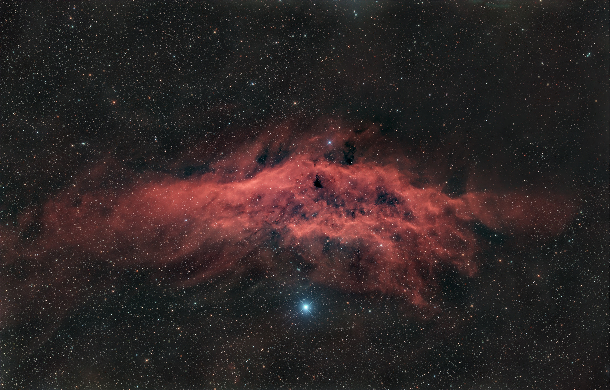 The California Nebula (NGC 1499) is an emission nebula in the constellation Perseus. It is so named because it resembles the outline of the US state of California in deepsky photos.
